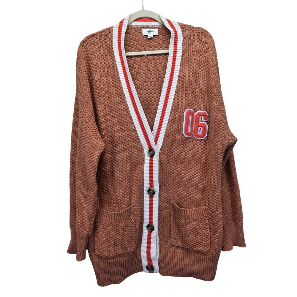 NWOT Aerie Varsity Cardigan Rust Brown‎ Cotton Knit Sweater Womens Medium School